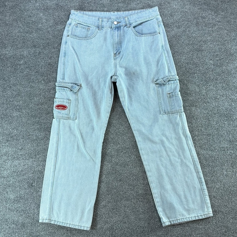 Shein Light Wash Wide Leg Cargo Jeans Y2K Streetwear Denim Pants Baggy Med